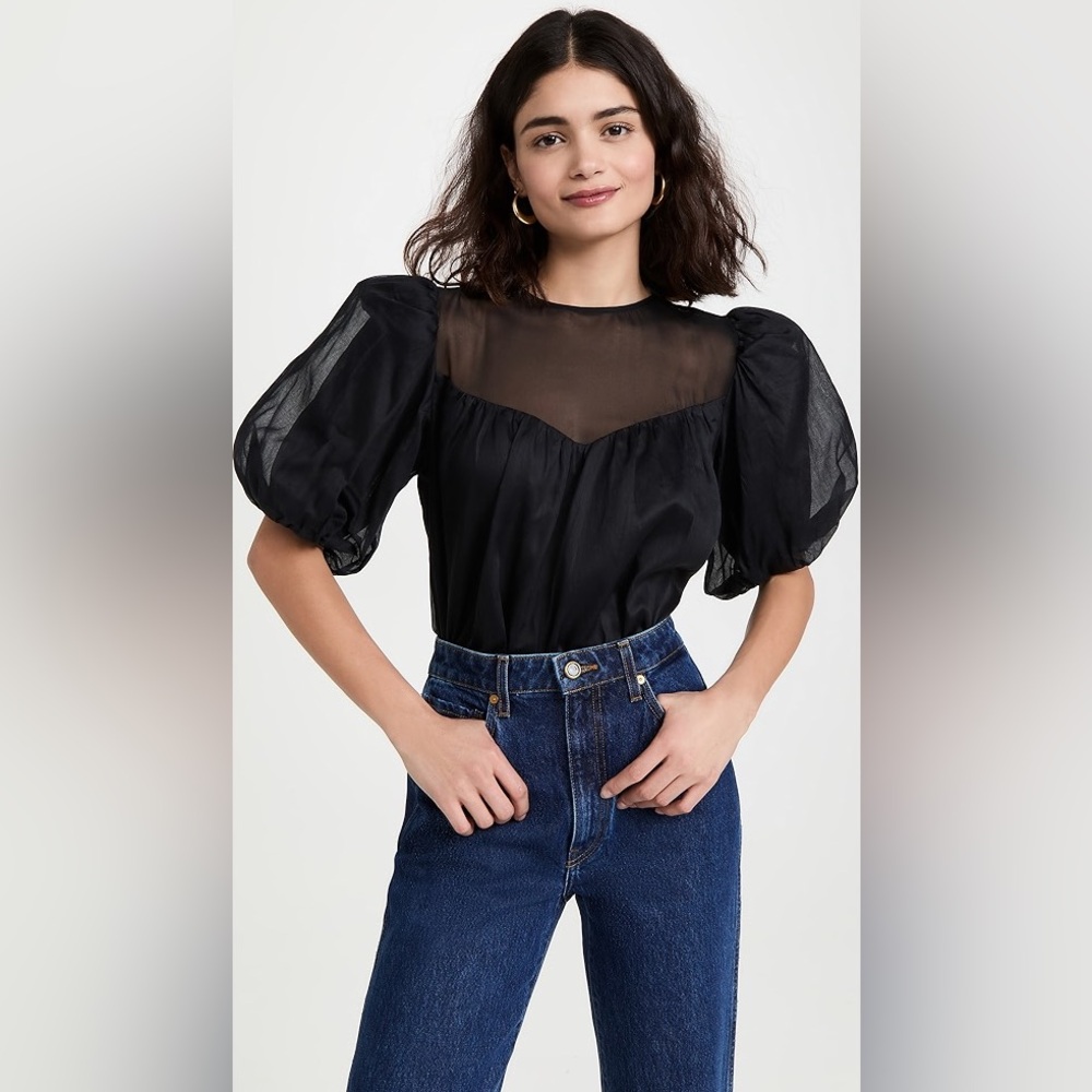 NWT Frame Puff Sleeve Sheer Inset Keyhole Back Top Sz S